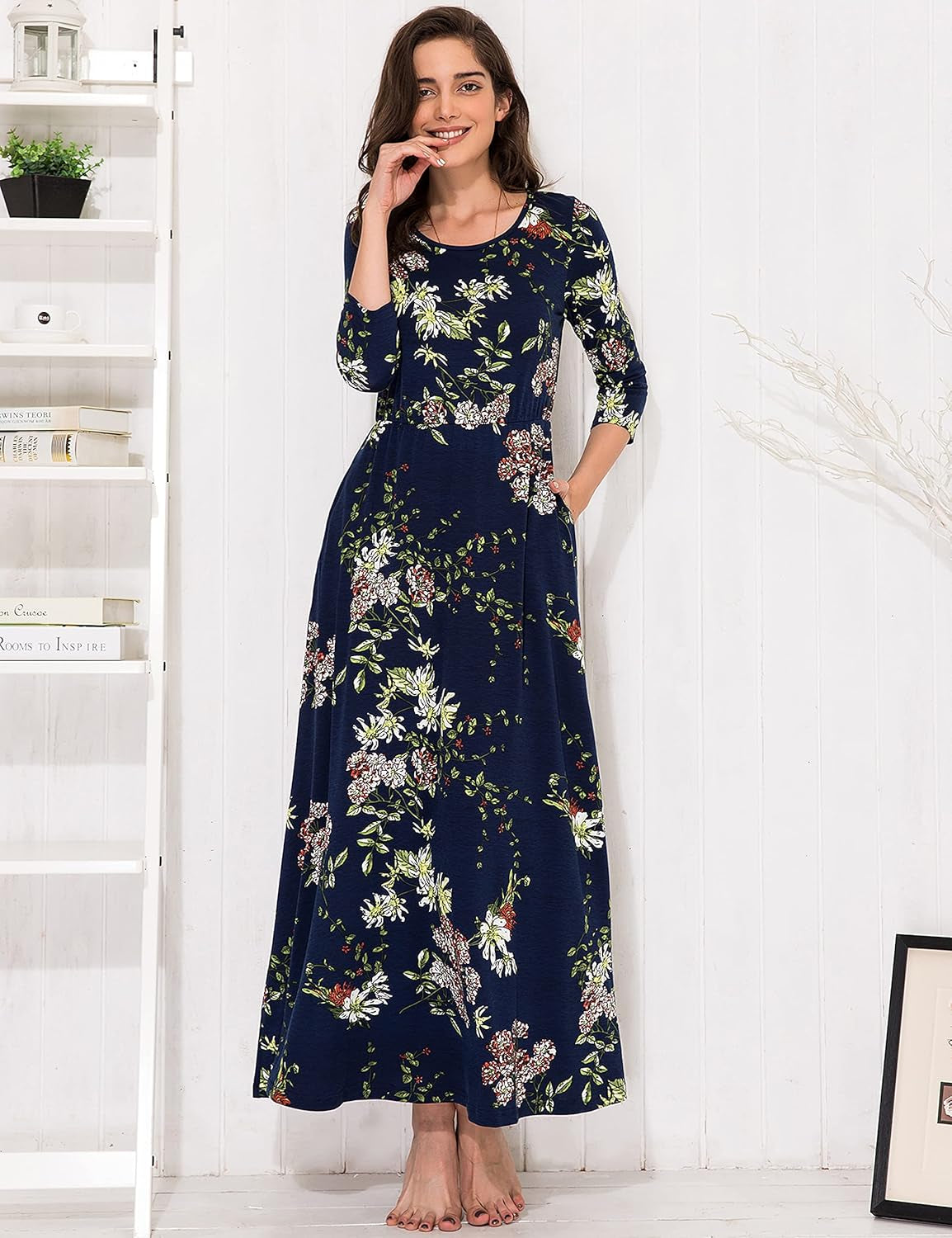 Women'S 3/4 Sleeve Maxi Dress Casual Spring Floral Fit Flare Long Dress