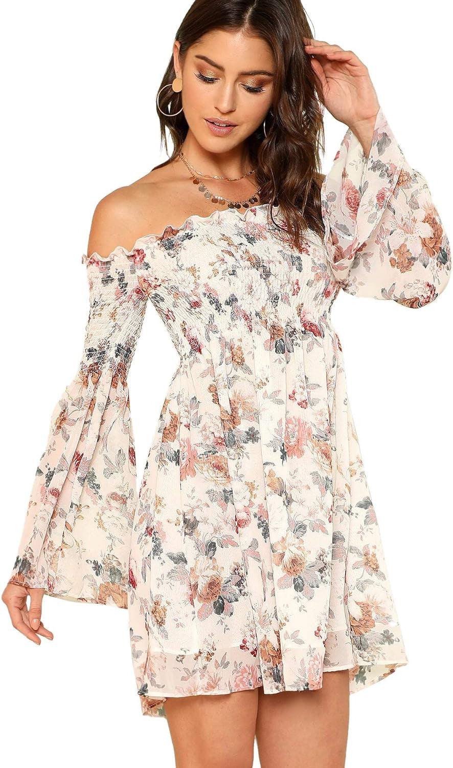 Women'S Casual Floral Print off Shoulder Trumpet Sleeve Swing Dress