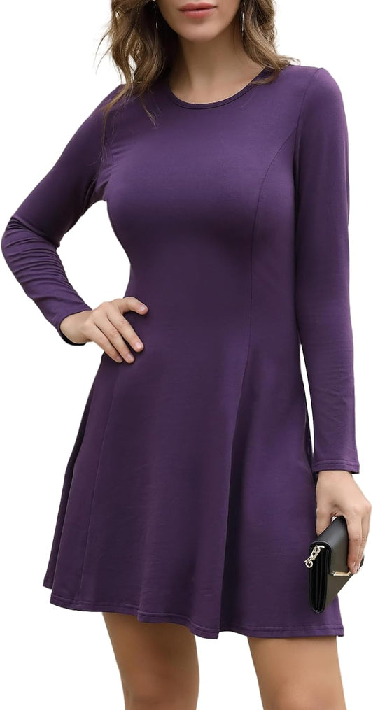 Women'S Long Sleeve Spring Dresses Casual Basic Crew Neck A-Line Fit and Flare Skater Dress