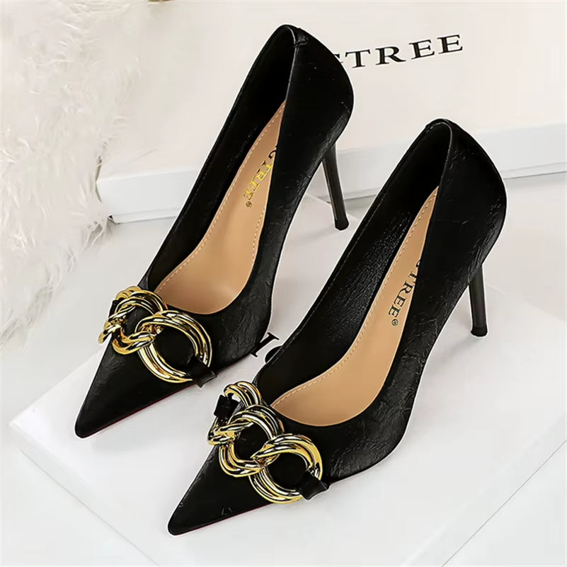 Women 7.5Cm 9.5Cm High Heels Escarpins Pumps Lady Metal Chain Low Heels Fetish Nightclub Slim Fit Party Green Office Prom Shoes