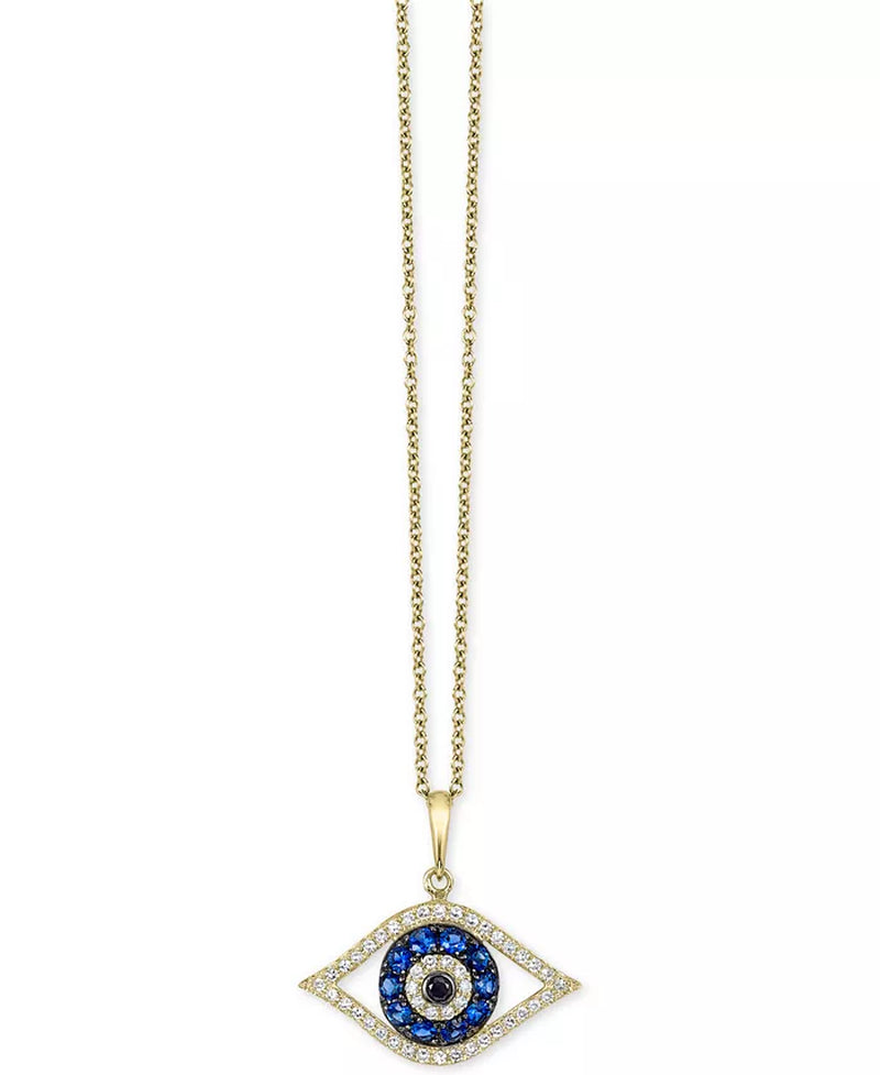 EFFYÂ® Sapphire (1/4 Ct. T.W.) and Black and White Diamond (1/8 Ct. T.W.) Evil Eye Pendant in 14K Gold