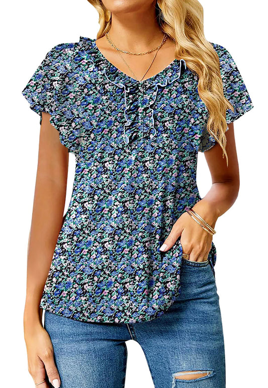 Womens Blouses Floral Ruffle Short Sleeve Tunic Tops Casual V Neck Summer Shirts