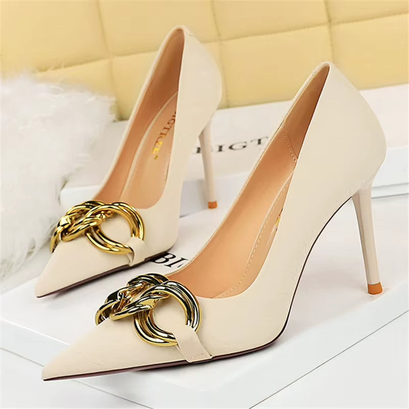 Women 7.5Cm 9.5Cm High Heels Escarpins Pumps Lady Metal Chain Low Heels Fetish Nightclub Slim Fit Party Green Office Prom Shoes