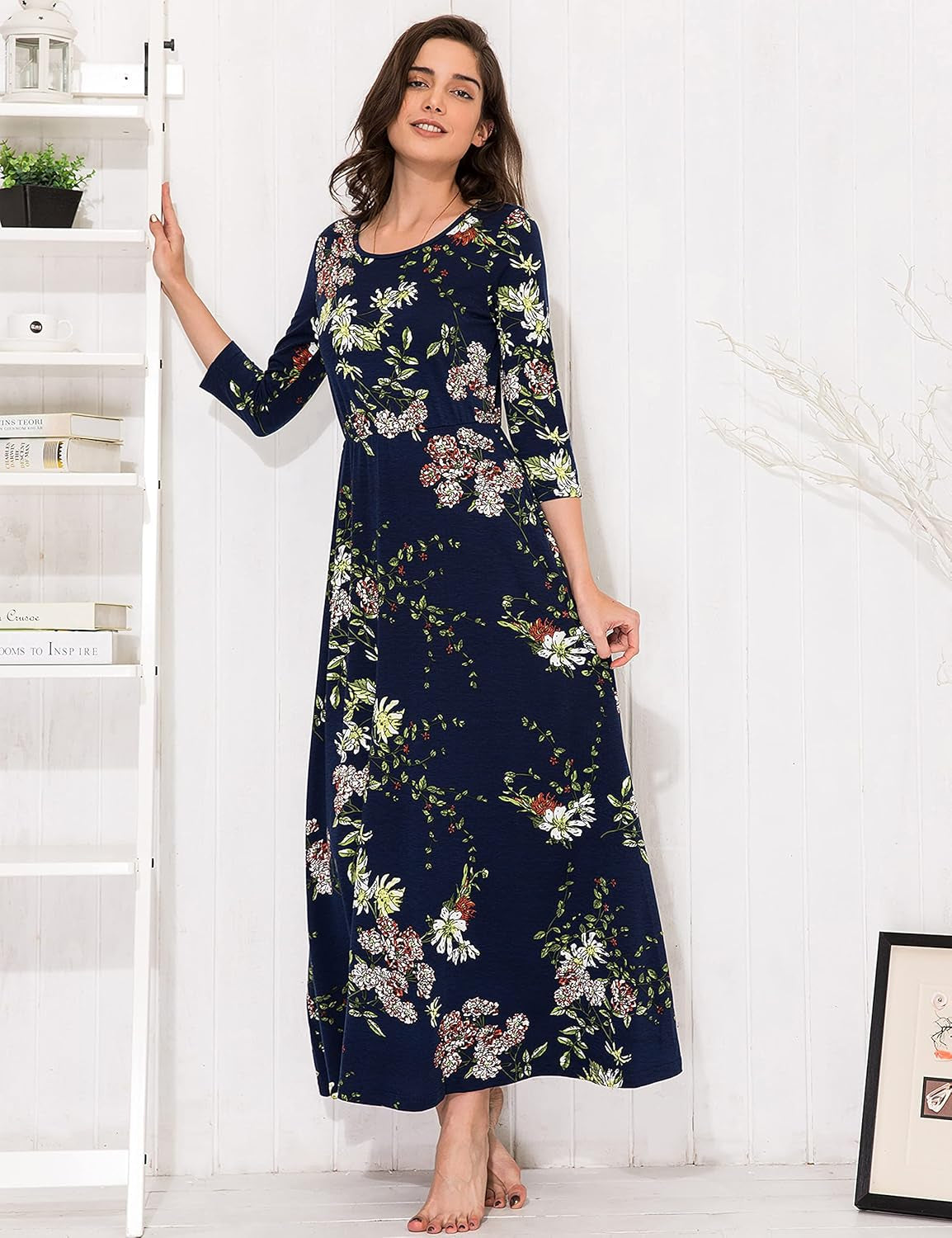 Women'S 3/4 Sleeve Maxi Dress Casual Spring Floral Fit Flare Long Dress