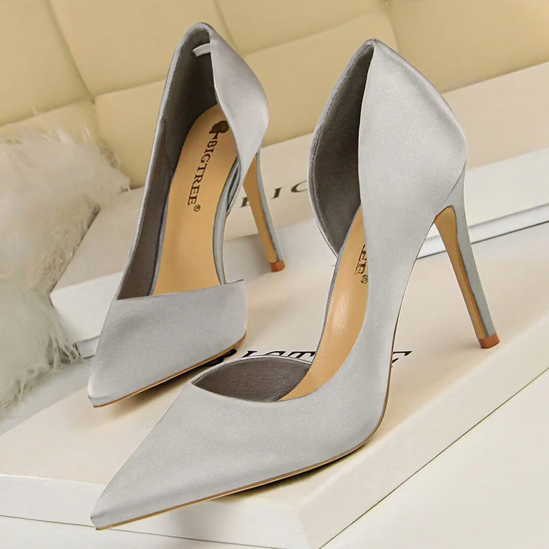 Shoes Sexy Woman Pumps Black Blue Sliver Women Heels Silk High Heels Women Shoes Stiletto Heels 9.5 Cm Ladies Shoes