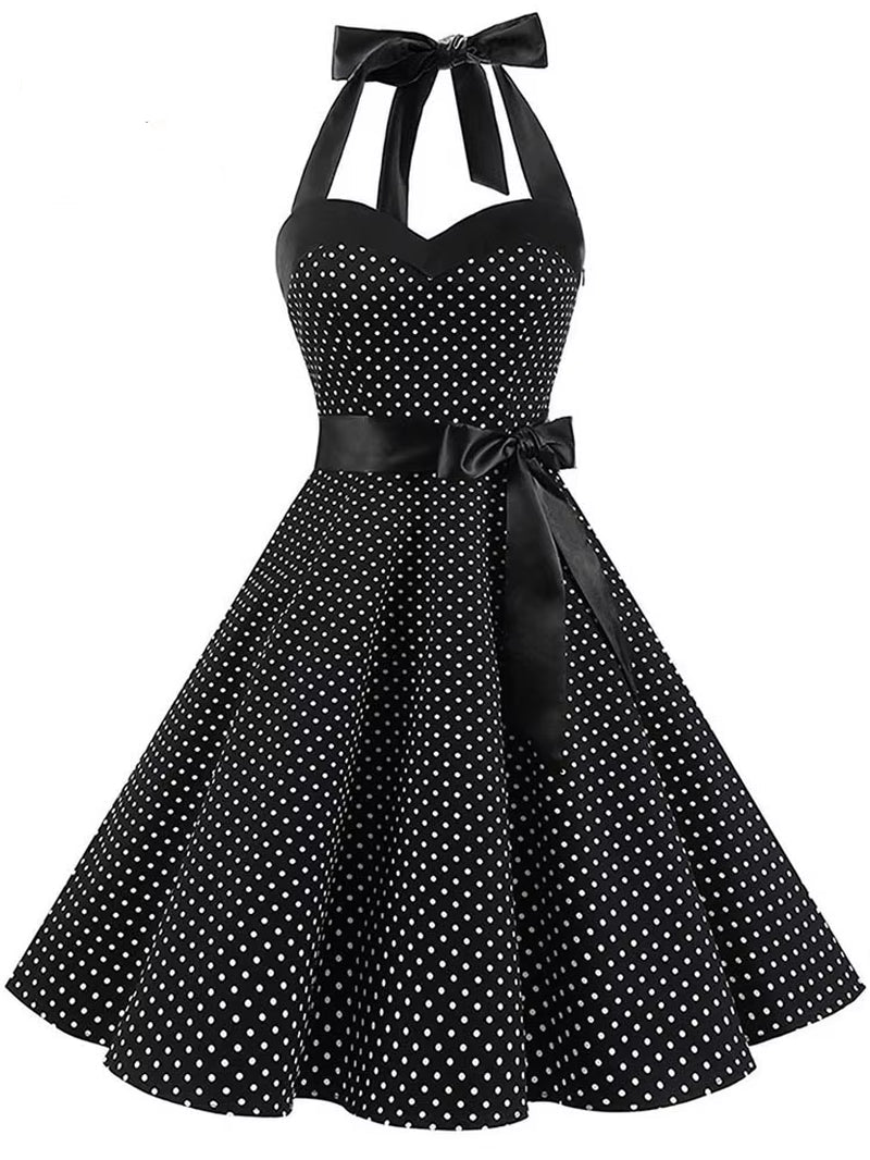 Sexy Halter Party Dress Women Summer Backless Vintage Dresses Retro Rockabilly Swing Robe Femme Elegant Midi Sundress