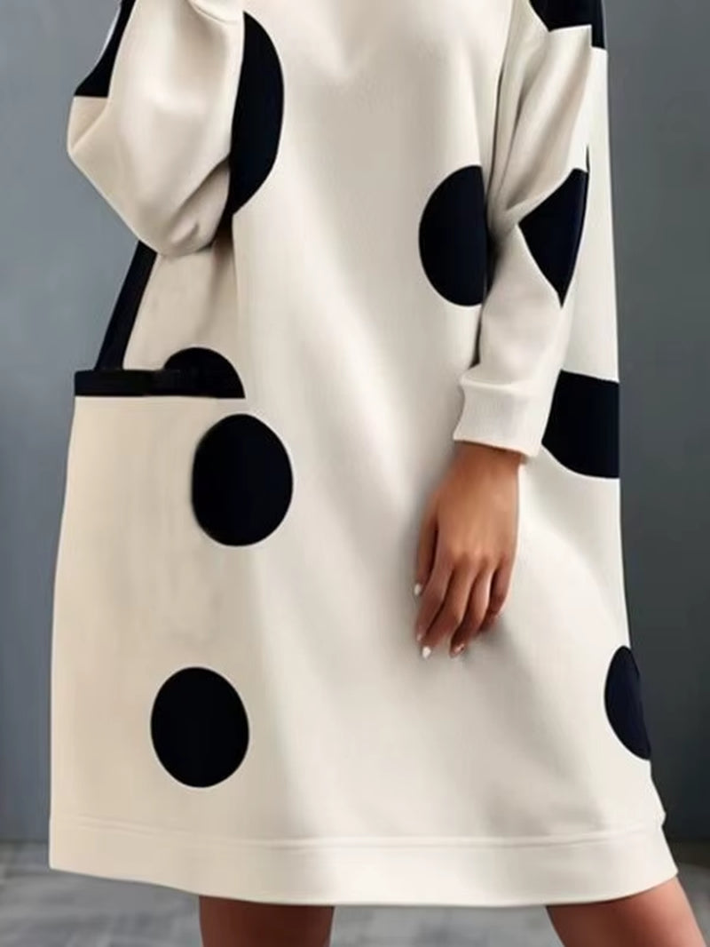 Krismile Casual Party Midi Polka-Dot Dresses Female Fashion Long Sleeves Loose Pockets Mock Neck Dresses Women Clothing