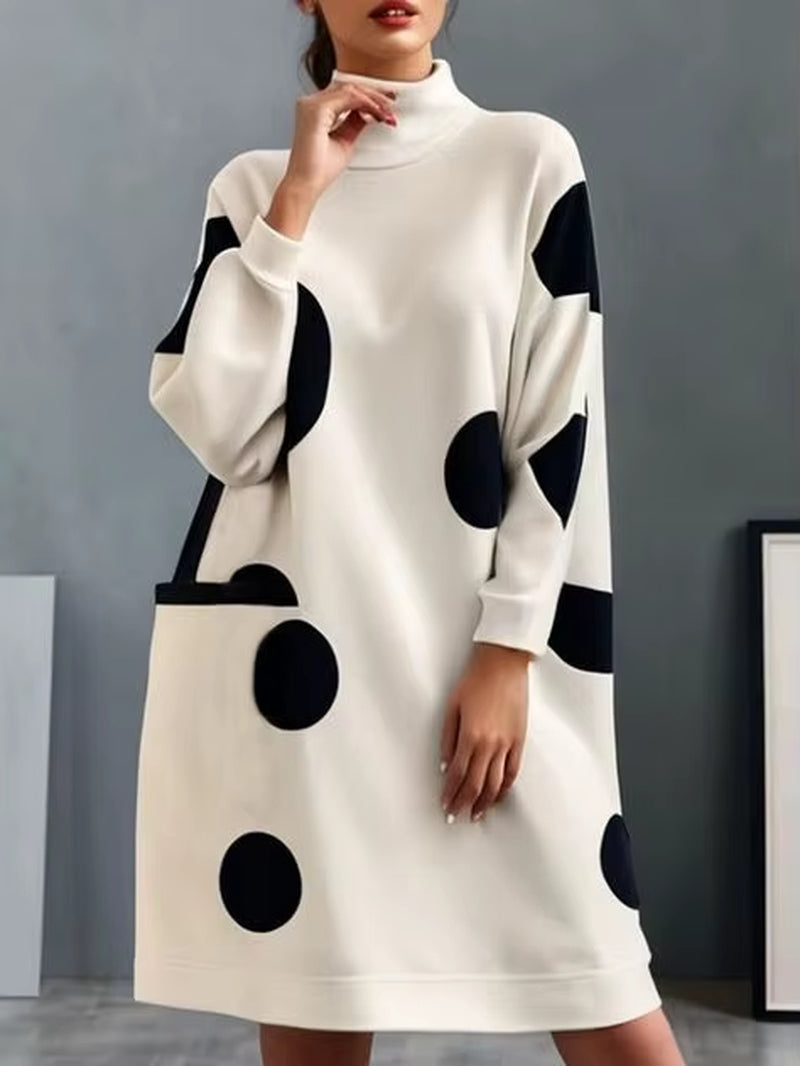 Krismile Casual Party Midi Polka-Dot Dresses Female Fashion Long Sleeves Loose Pockets Mock Neck Dresses Women Clothing