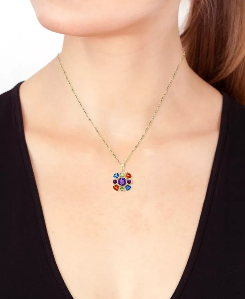 EFFYÂ® Multi-Gemstone (7-1/10 Ct. T.W.) & Diamond (1/4 Ct. T.W.) Cluster Halo 18" Pendant Necklace in 14K Gold