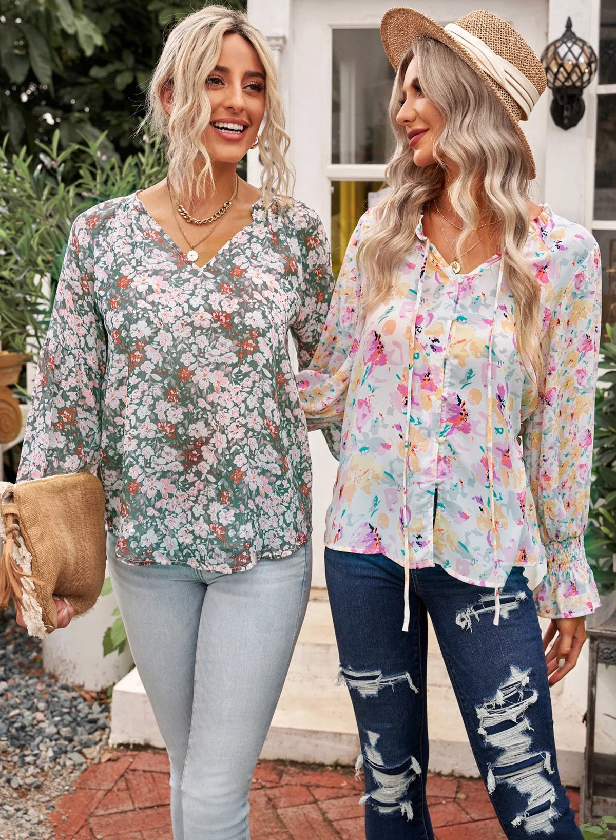 Womens Boho Floral Print V Neck Shirt Blouses Casual Puff Sleeve Drawstring Tunic Tops S-XXL