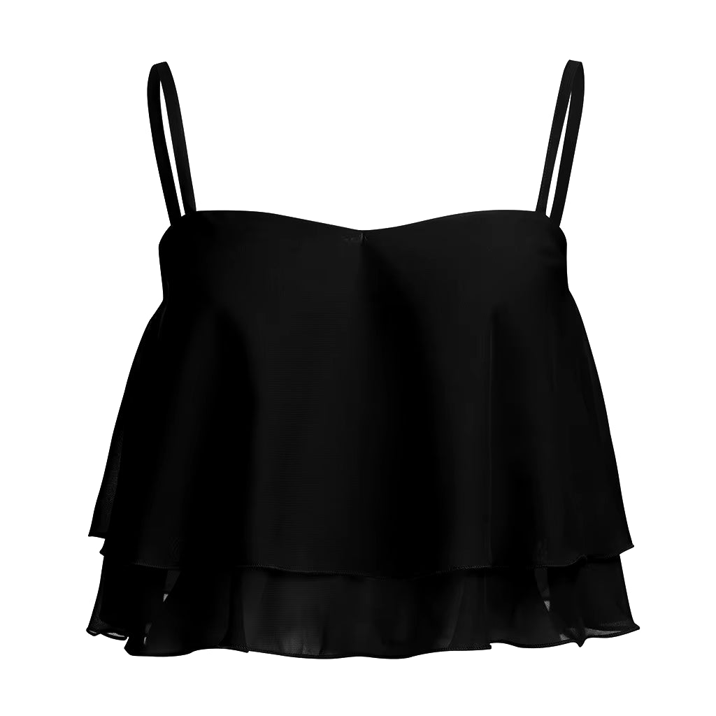 Women'S Fashionable and Sexy Double-Layer Chiffon Vest Top Summer Solid Color Short Sling Lotus Leaf Edge Short Camisole Top