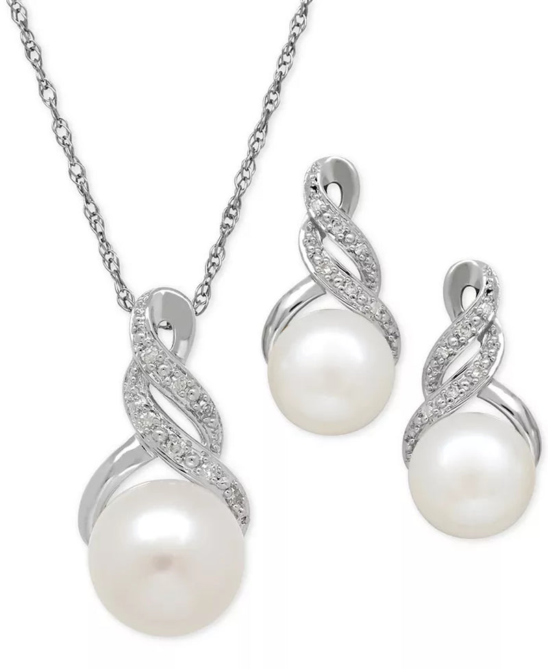 Cultured Freshwater Pearl (8 & 9Mm) and Diamond Accent Pendant Necklace and Earrings Set in Sterling Silver or 14K Gold over Silver