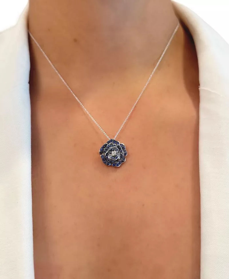 Denim Ombrã© (7/8 Ct. T.W.) & Nude Diamond (1/20 Ct. T.W.) Flower Pendant Necklace in 14K White Gold, 18" + 2" Extender