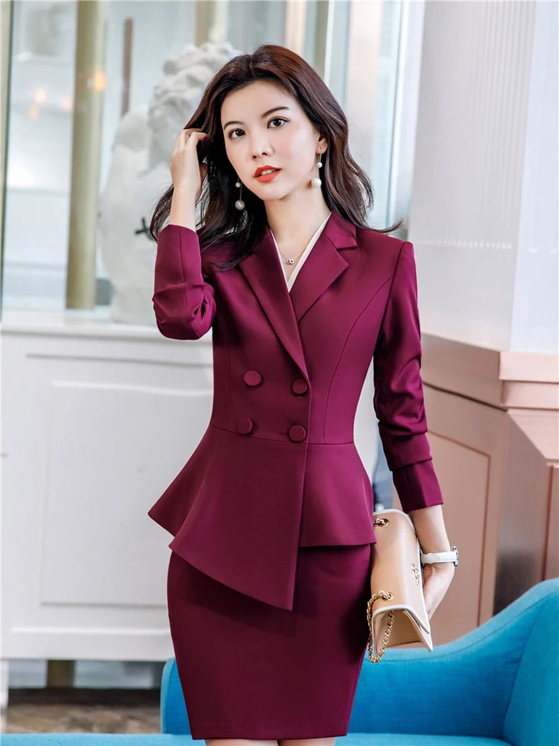 Women Red Blazer Slim Spring Autumn New Elegant Office Lady Work Suit Ruffled Double Breasted Blazer Solid