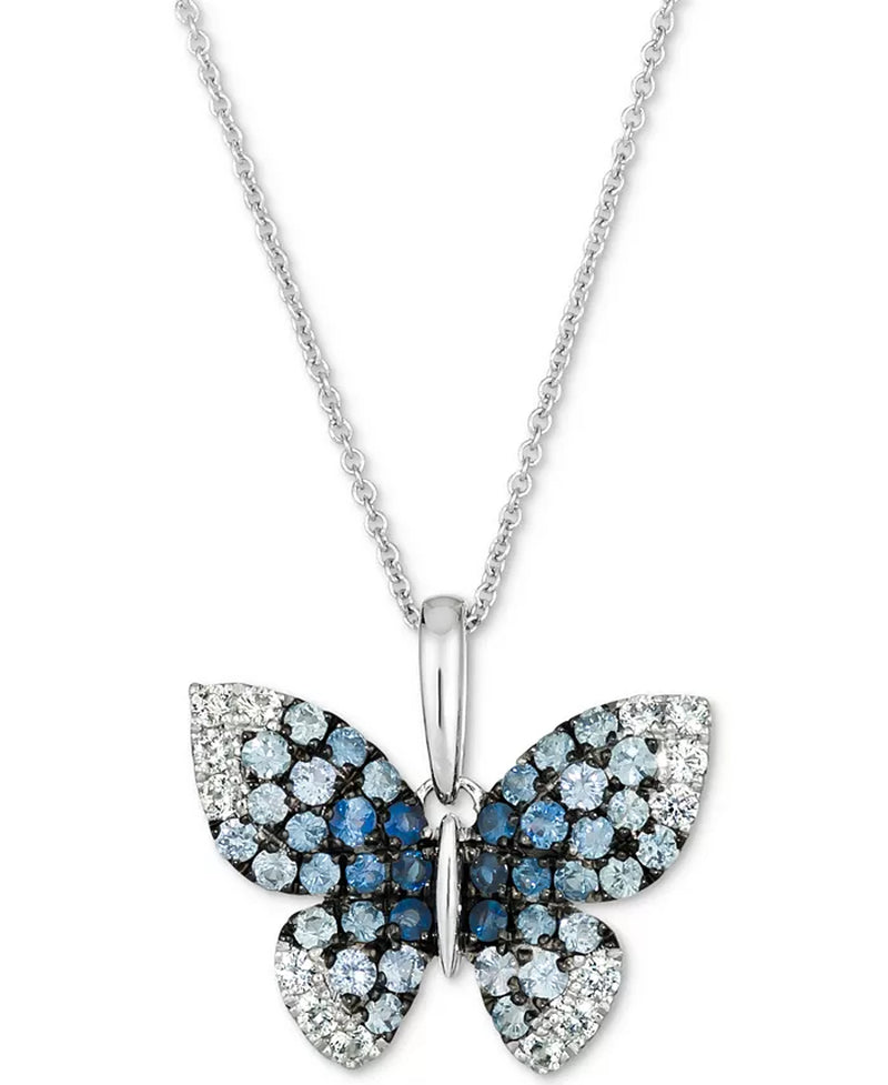 Denim Ombrã© (7/8 Ct. T.W.) & White Sapphire (1/3 Ct. T.W.) Butterfly Pendant Necklace in 14K White Gold, 18" + 2" Extender