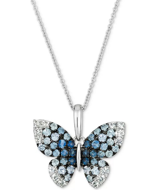 Denim Ombrã© (7/8 Ct. T.W.) & White Sapphire (1/3 Ct. T.W.) Butterfly Pendant Necklace in 14K White Gold, 18" + 2" Extender