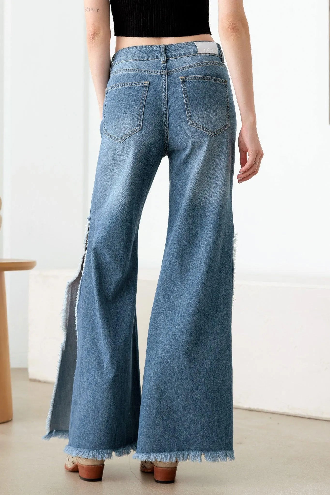 Blue Side Slit Wide Leg Destroyed Jeans