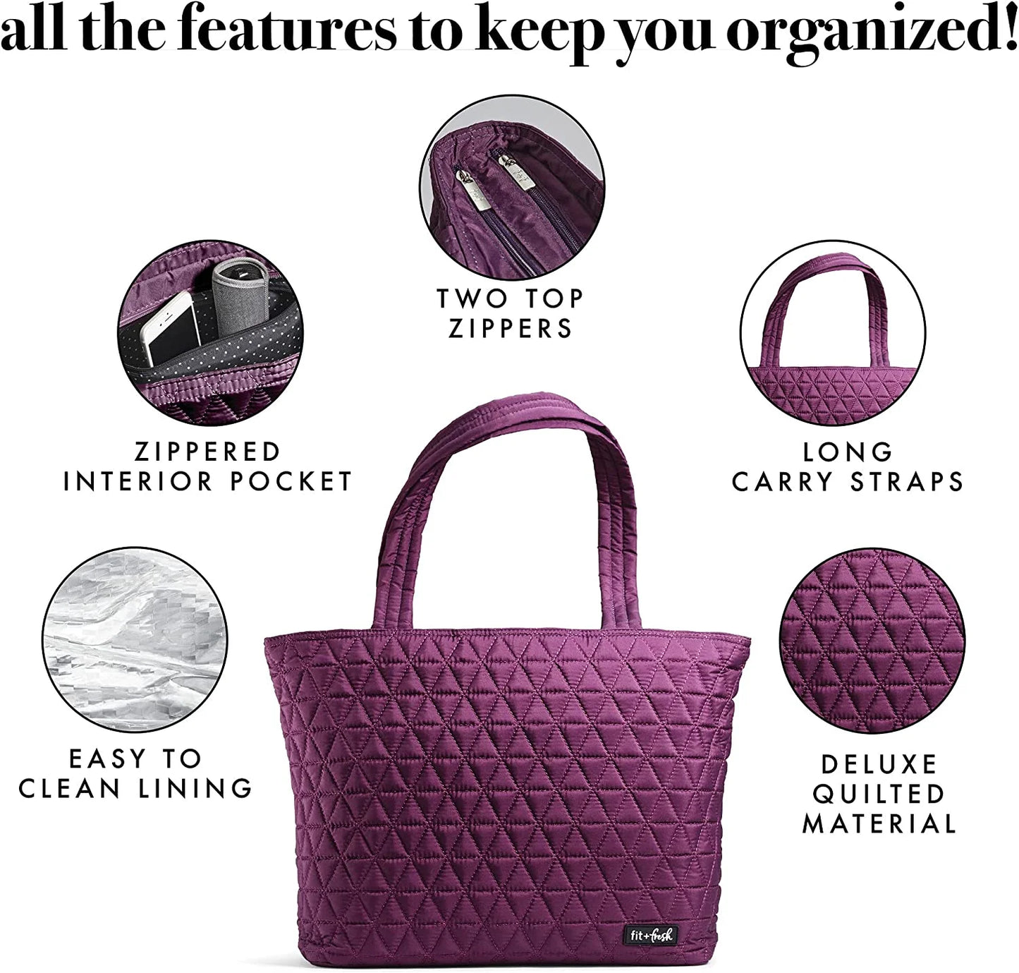 Quilted Metro Lunch and Laptop Tote, 2 -In-1 Lunch Bag, Plum