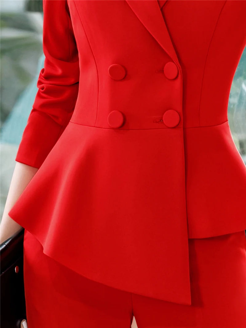 Women Red Blazer Slim Spring Autumn New Elegant Office Lady Work Suit Ruffled Double Breasted Blazer Solid