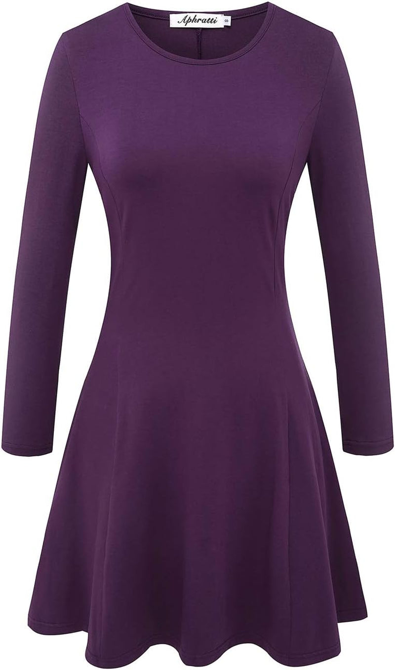 Women'S Long Sleeve Spring Dresses Casual Basic Crew Neck A-Line Fit and Flare Skater Dress