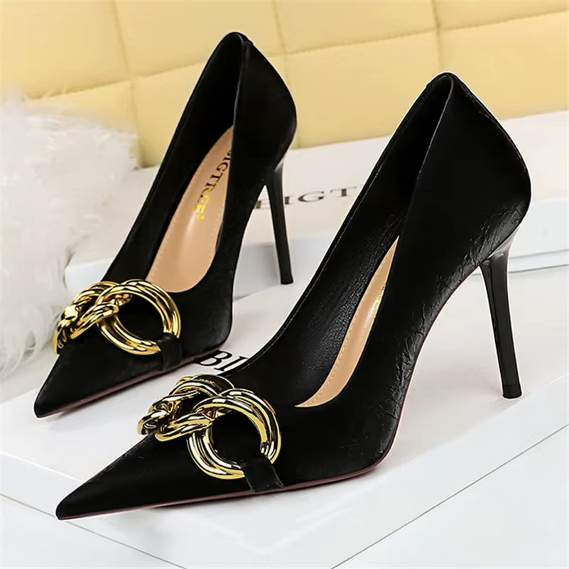 Women 7.5Cm 9.5Cm High Heels Escarpins Pumps Lady Metal Chain Low Heels Fetish Nightclub Slim Fit Party Green Office Prom Shoes