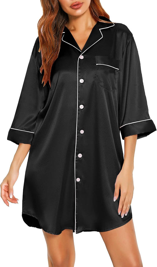 Women’S Nightgowns 3/4 Sleeve Satin Sleep Shirts Nightshirt V Neck Button down Pajama Sleepwear S-XXL