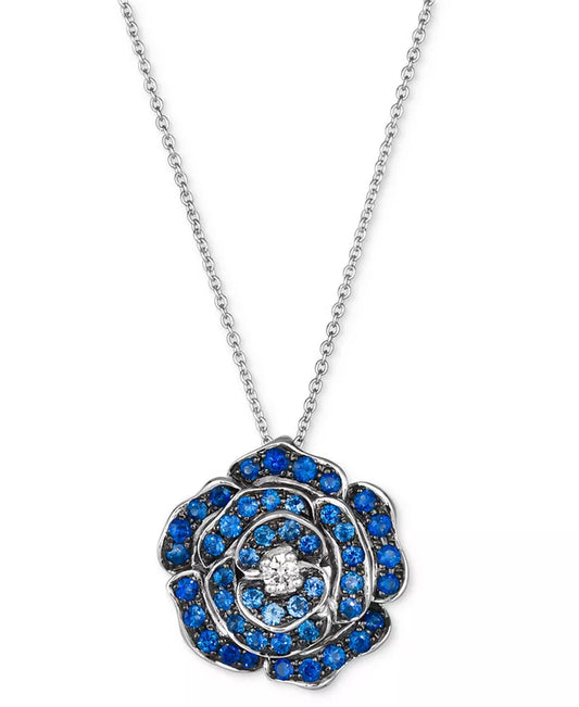 Denim Ombrã© (7/8 Ct. T.W.) & Nude Diamond (1/20 Ct. T.W.) Flower Pendant Necklace in 14K White Gold, 18" + 2" Extender