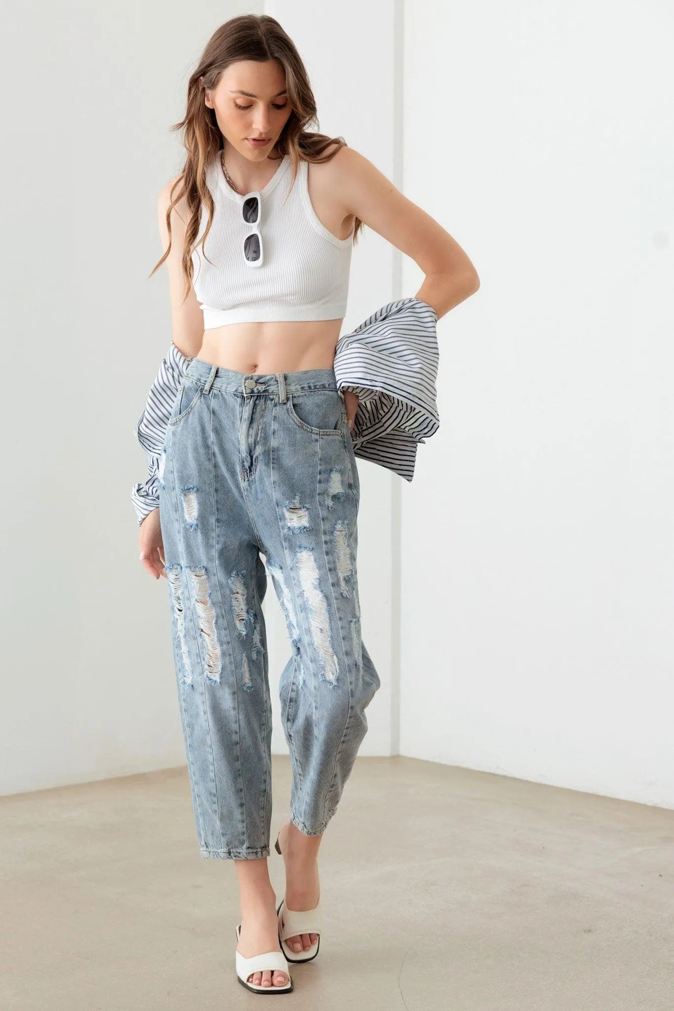 Light Blue Wash Barrel Leg High Waist Distressed Jeans