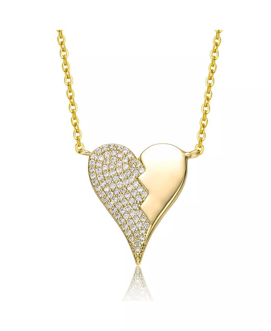 14K Yellow Gold Plated with Cubic Zirconia Broken Cracked Zig-Zag Half & Half Stolen Heart Pendant Necklace