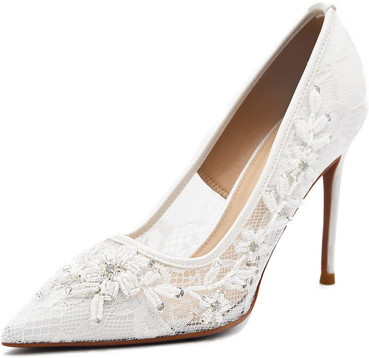 Bridal Wedding Shoes, Women Pointed Toe Stiletto Pumps with Lace Embroidery White