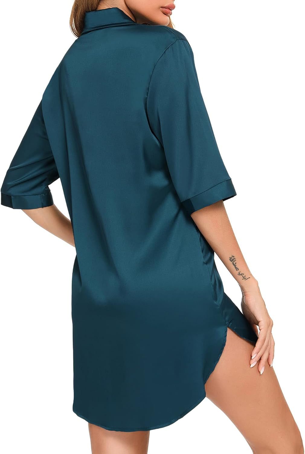 Button down Satin Nightshirts for Women Silk Nightgown for Women Side Split Sleepshirts Blue-Green