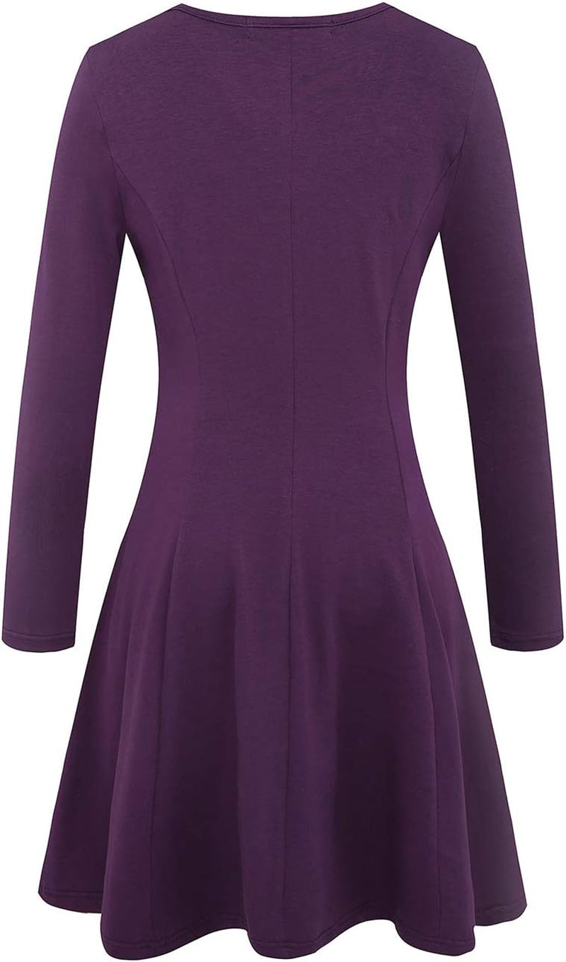 Women'S Long Sleeve Spring Dresses Casual Basic Crew Neck A-Line Fit and Flare Skater Dress