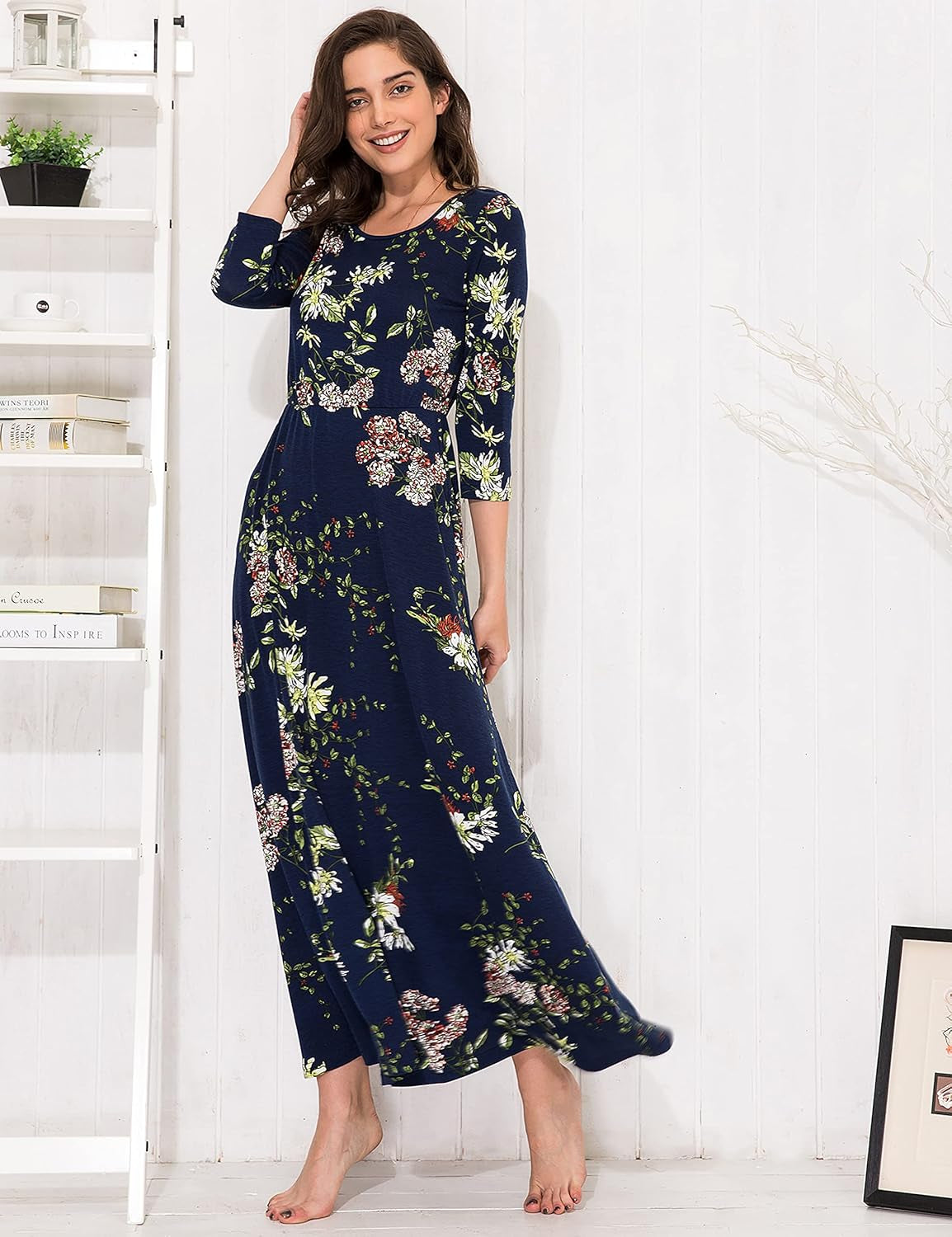 Women'S 3/4 Sleeve Maxi Dress Casual Spring Floral Fit Flare Long Dress