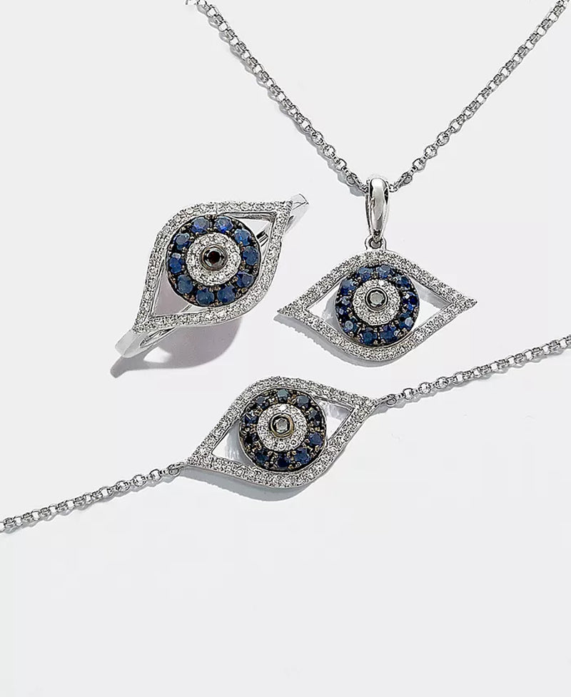 EFFYÂ® Sapphire (1/4 Ct. T.W.) and Black and White Diamond (1/8 Ct. T.W.) Evil Eye Pendant in 14K Gold