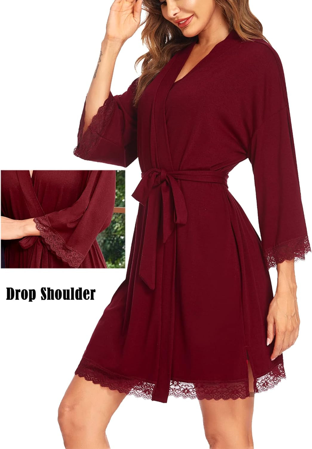 Womens Robes Knee Length Bridesmaid Robe Cute Kimono Robe Petite Lounge Robes Jersey Robe Sleepwear,Wine Red Medium