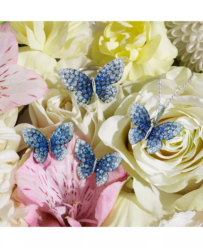 Denim Ombrã© (7/8 Ct. T.W.) & White Sapphire (1/3 Ct. T.W.) Butterfly Pendant Necklace in 14K White Gold, 18" + 2" Extender