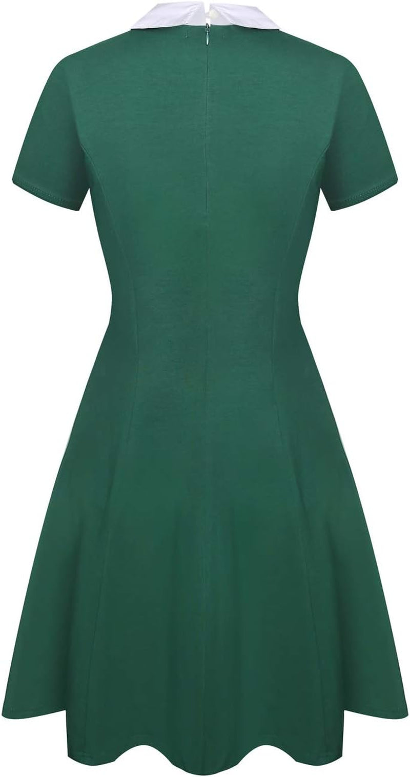 Women'S Short Sleeve Peter Pan Collar Cute Skater Dress Fit and Flare A-Line Casual Dresses