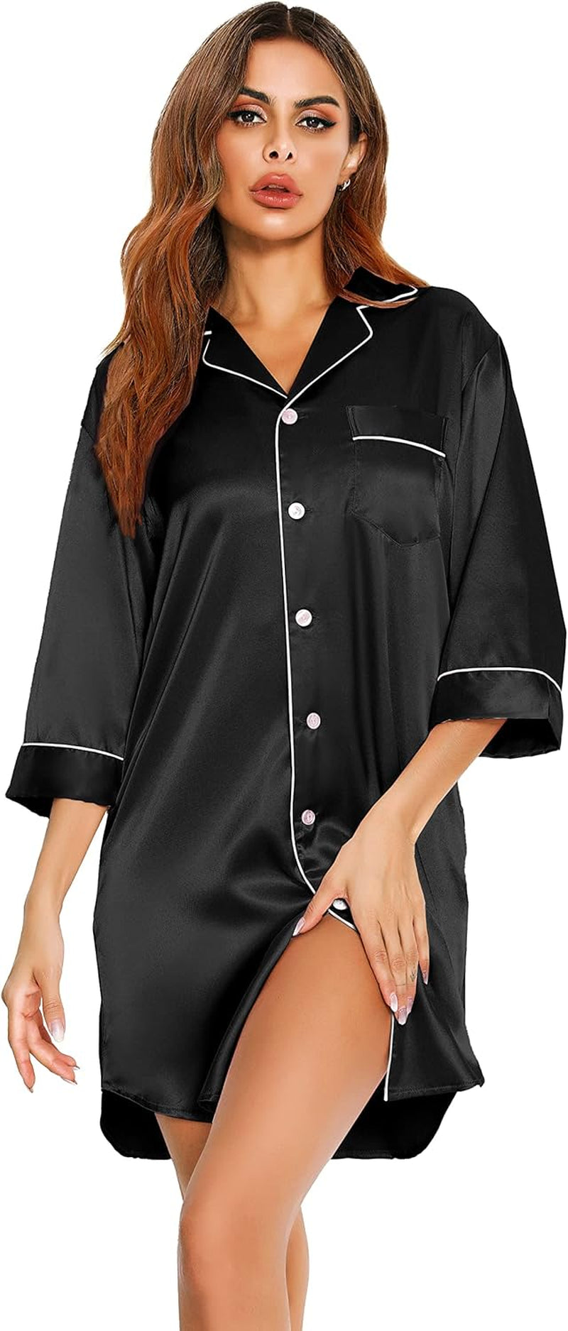 Women’S Nightgowns 3/4 Sleeve Satin Sleep Shirts Nightshirt V Neck Button down Pajama Sleepwear S-XXL