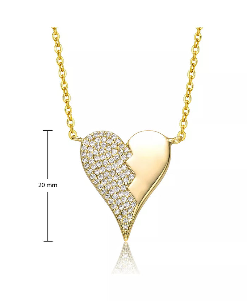 14K Yellow Gold Plated with Cubic Zirconia Broken Cracked Zig-Zag Half & Half Stolen Heart Pendant Necklace