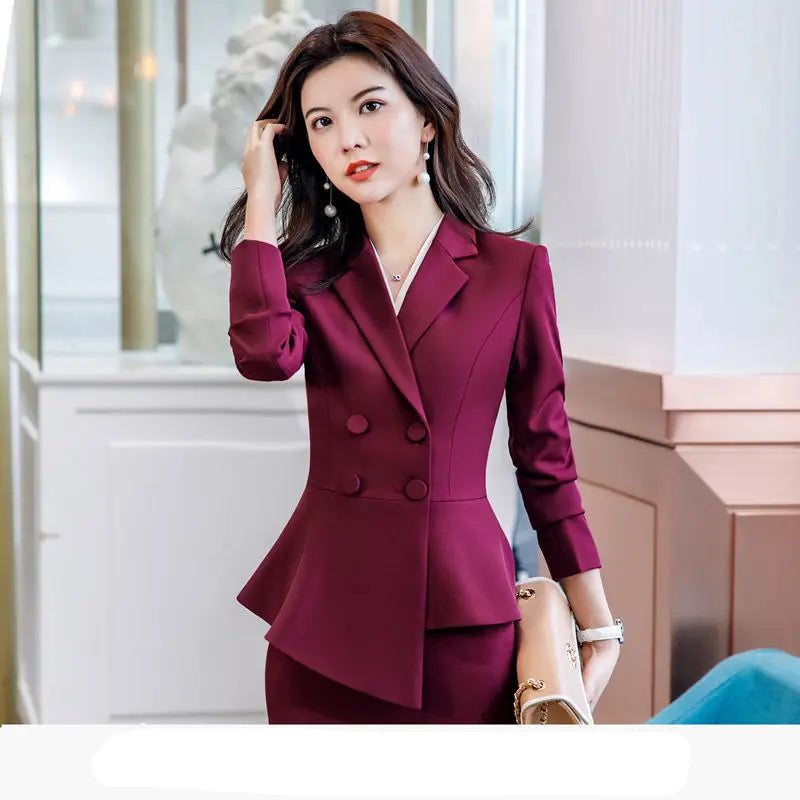 Women Red Blazer Slim Spring Autumn New Elegant Office Lady Work Suit Ruffled Double Breasted Blazer Solid