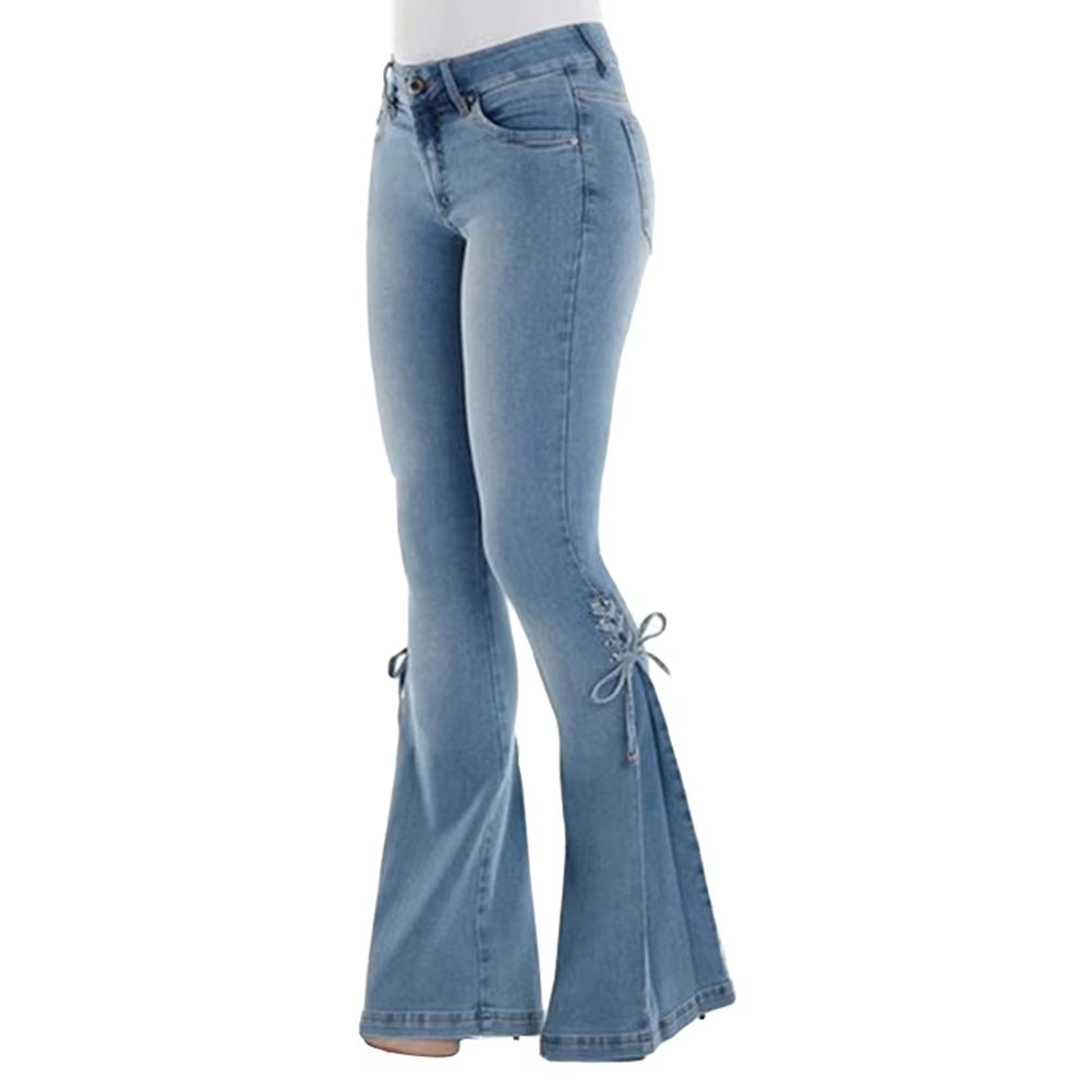 Mid Waisted Stretch Flare Jeans Women Denim Pants Wide Leg Butt-Lifted Casual Korean Style Skinny Bell Bottom Pocket Trousers