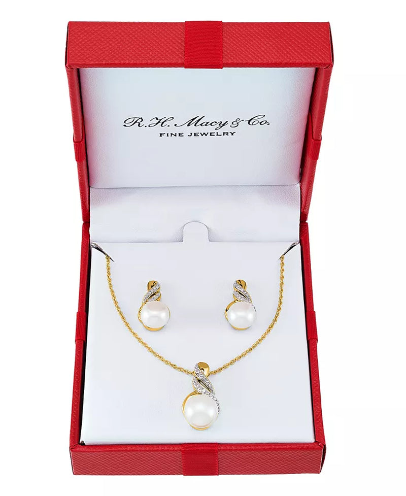 Cultured Freshwater Pearl (8 & 9Mm) and Diamond Accent Pendant Necklace and Earrings Set in Sterling Silver or 14K Gold over Silver