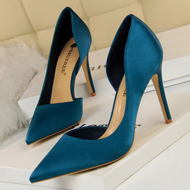 Shoes Sexy Woman Pumps Black Blue Sliver Women Heels Silk High Heels Women Shoes Stiletto Heels 9.5 Cm Ladies Shoes