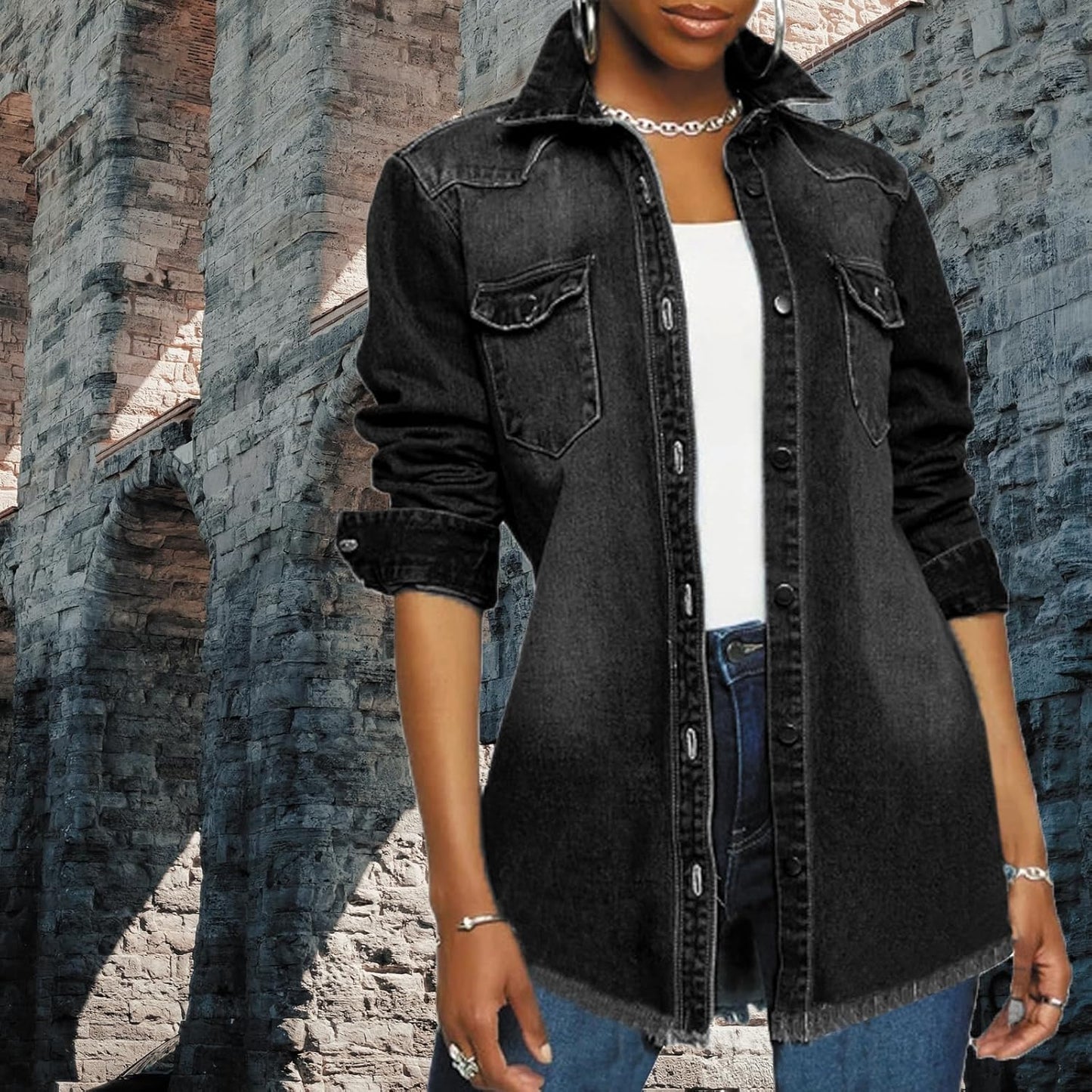 Distressed Jean Jacket for Women Ripped Long Sleeve Oversized Denim Trucker Jackets