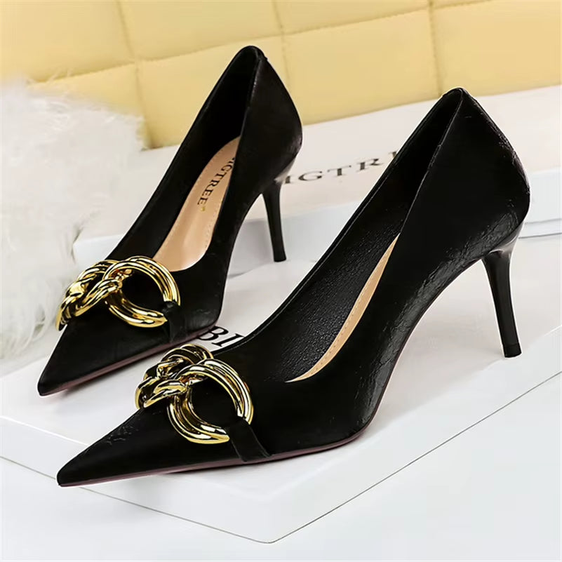 Women 7.5Cm 9.5Cm High Heels Escarpins Pumps Lady Metal Chain Low Heels Fetish Nightclub Slim Fit Party Green Office Prom Shoes