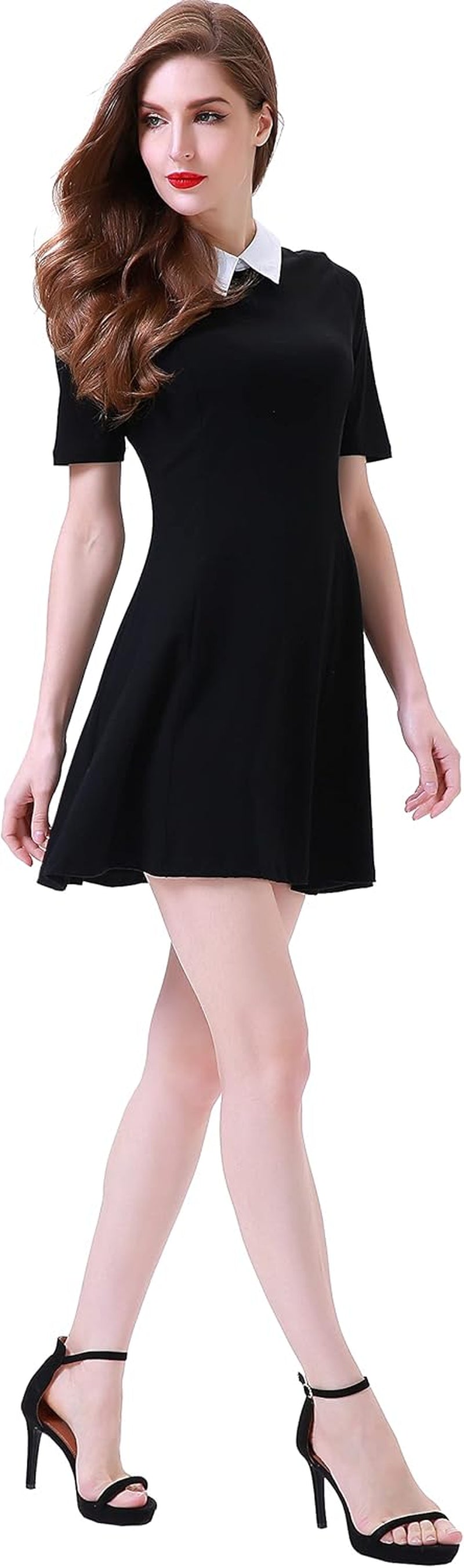 Women'S Short Sleeve Peter Pan Collar Cute Skater Dress Fit and Flare A-Line Casual Dresses