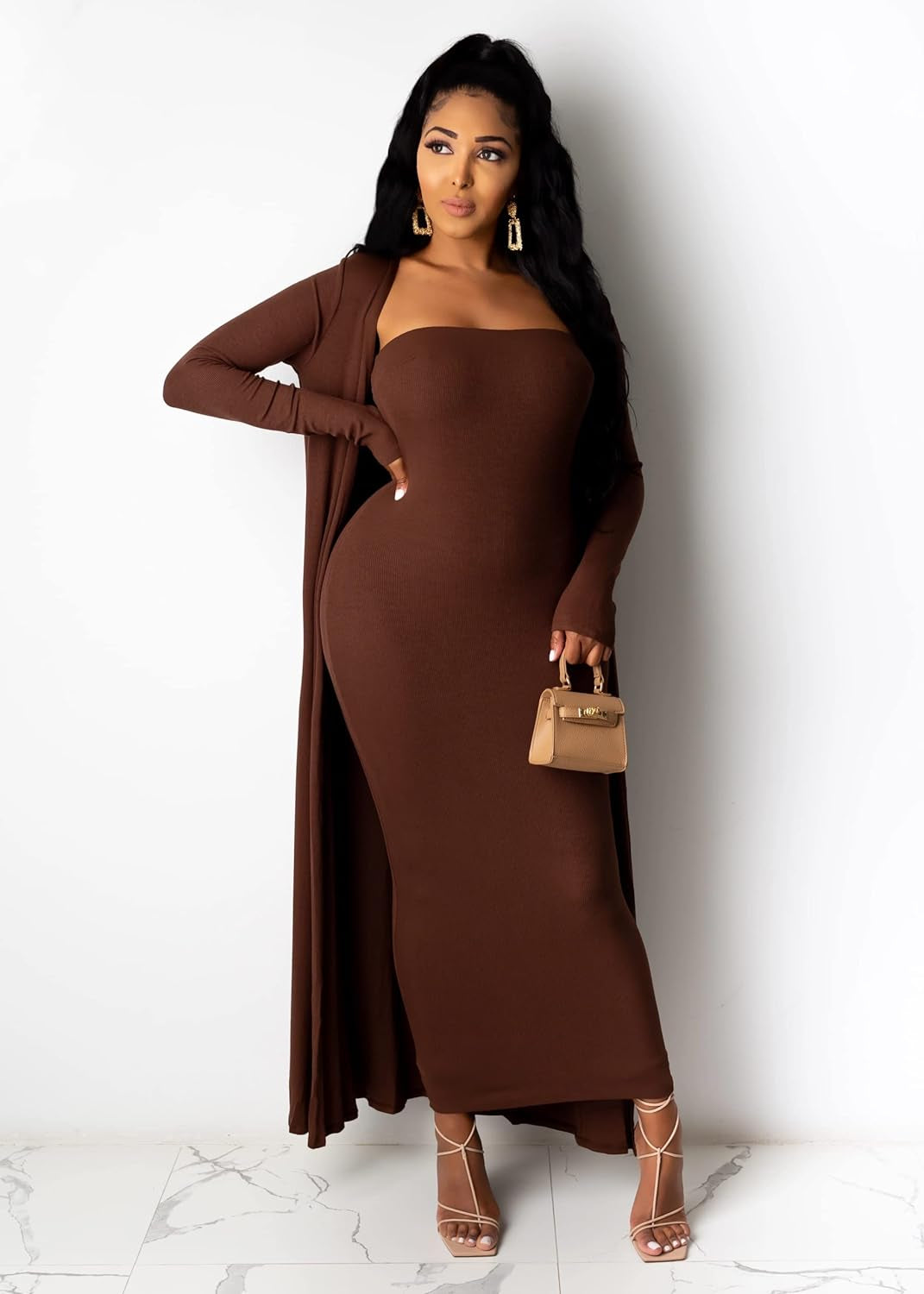 Two Piece for Women Sexy off the Shoulder Bodycon Midi Dresses with Long Cardigan Jackets Coffee