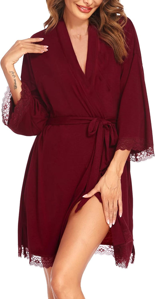 Womens Robes Knee Length Bridesmaid Robe Cute Kimono Robe Petite Lounge Robes Jersey Robe Sleepwear,Wine Red Medium