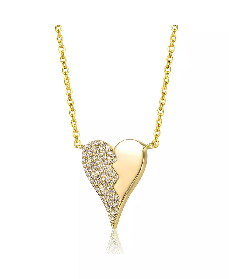 14K Yellow Gold Plated with Cubic Zirconia Broken Cracked Zig-Zag Half & Half Stolen Heart Pendant Necklace