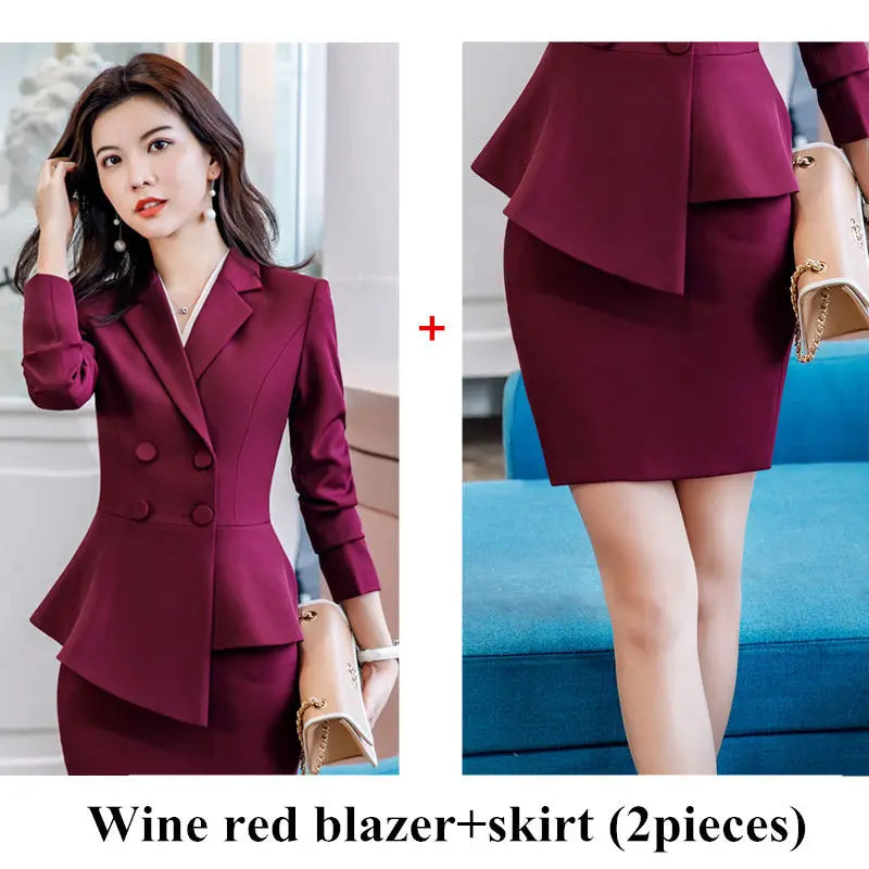 Women Red Blazer Slim Spring Autumn New Elegant Office Lady Work Suit Ruffled Double Breasted Blazer Solid